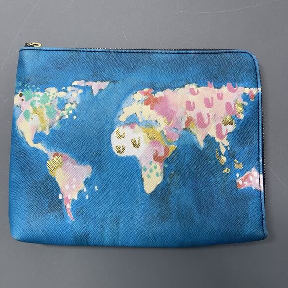 Anthropologie Nikki Cade Studio World Map Clutch Purse Blue Graphic Print Zip - Picture 1 of 14